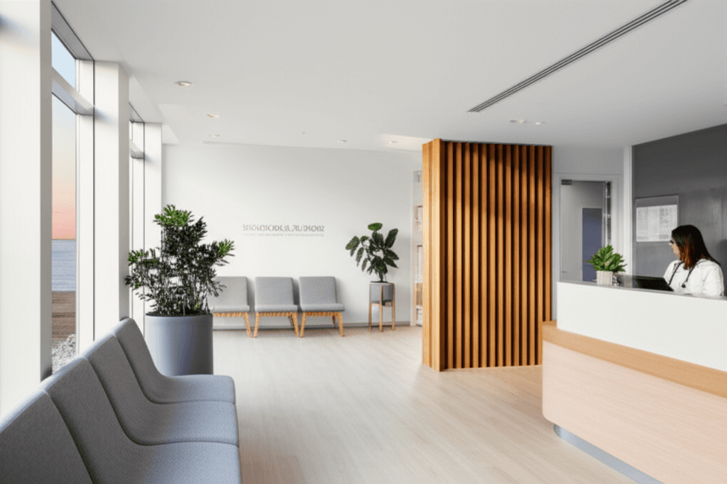 The bright and modern reception area of the clinic